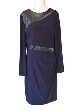 Lauren Ralph Lauren 14 Navy Faux Leather Mesh Ruched Sheath Dress